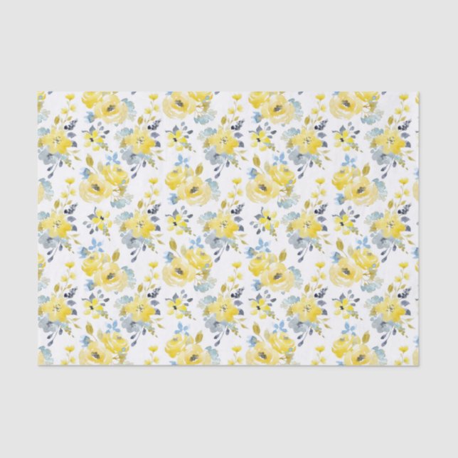 Papel De Seda Padrão Floral Amarelo de Aquarela (Frente )