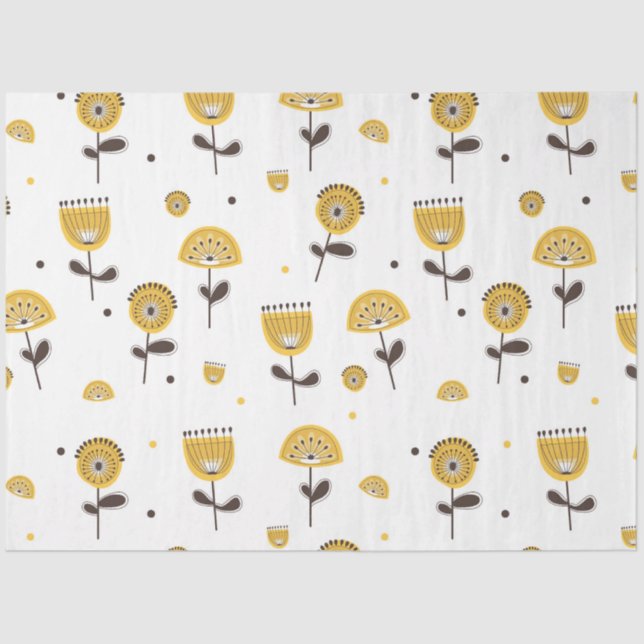Papel De Seda Padrão Floral Amarelo do meio século (Frente )