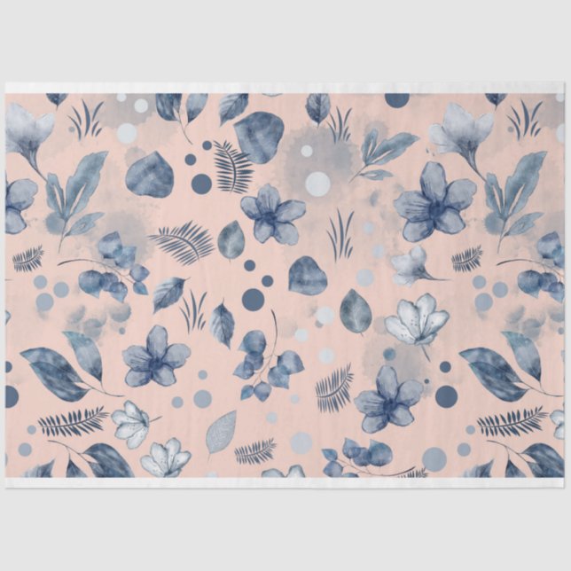 Papel De Seda Padrão Floral Azul do Marinho Rosa Esbranquiçado (Frente )