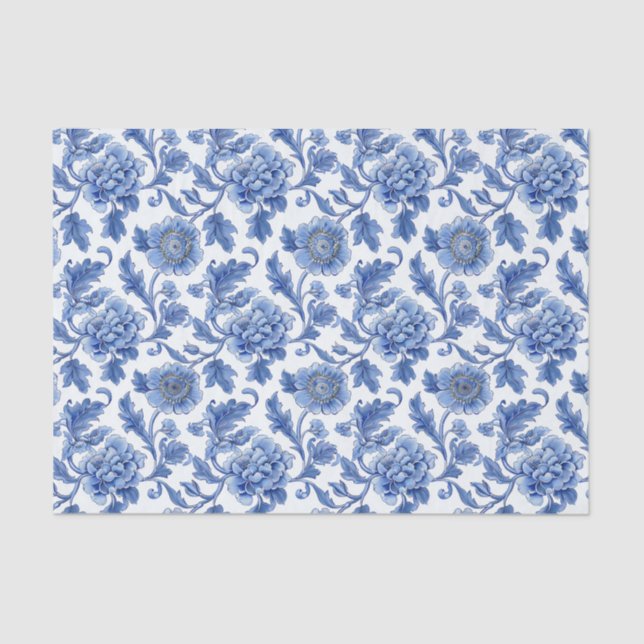 Papel De Seda Padrão Floral Azul do Toile (Frente )