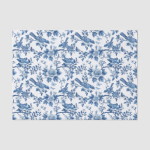 Papel De Seda Padrão Floral Azul do Toile com Pássaros em Ramais