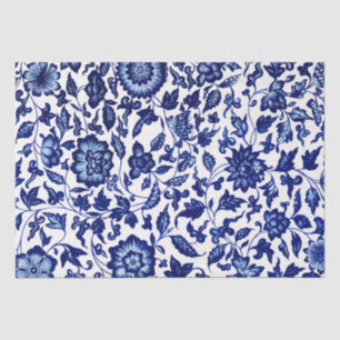 Papel De Seda Padrão floral azul-marinho chinês em branco