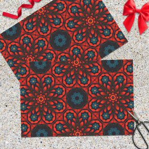 Papel De Seda Padrão Floral Azul Preto-Vermelho Foliar