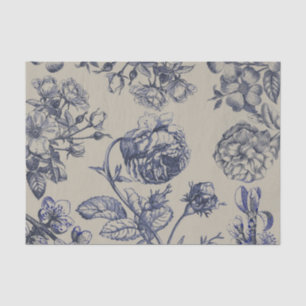 Papel De Seda Padrão Floral Botânico Toile Azul Vintage