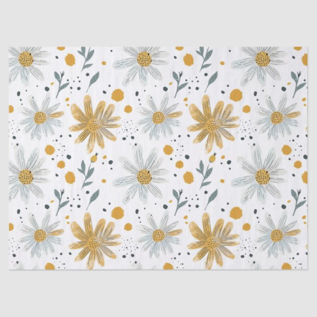 Papel De Seda Padrão Floral Branco e Amarelo (Frente )