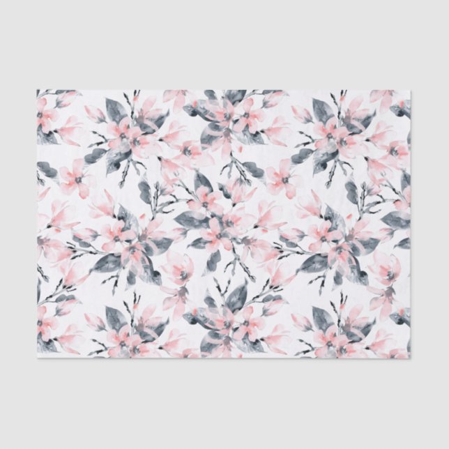 Papel De Seda Padrão Floral de Aquarela Rosa e Cinza (Frente )