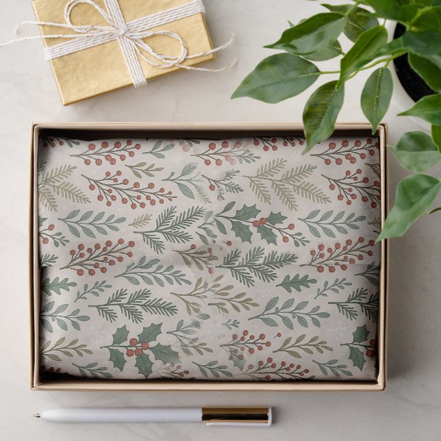 Papel De Seda Padrão Floral de Bagas de Azevinho Botânico Chic (Presente)