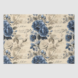 Papel De Seda Padrão Floral de Creme Azul Elegante