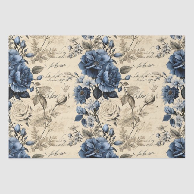 Papel De Seda Padrão Floral de Creme Azul Elegante (Frente )