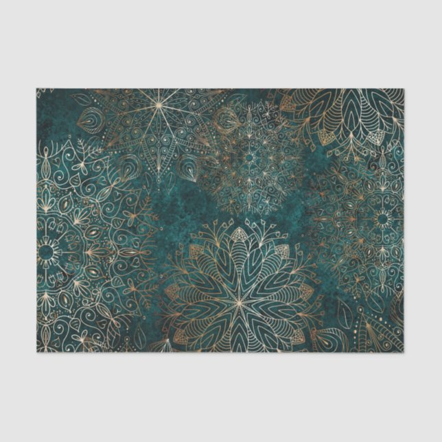 Papel De Seda Padrão Floral de Mandala Verde Elegante Dourado e  (Frente )