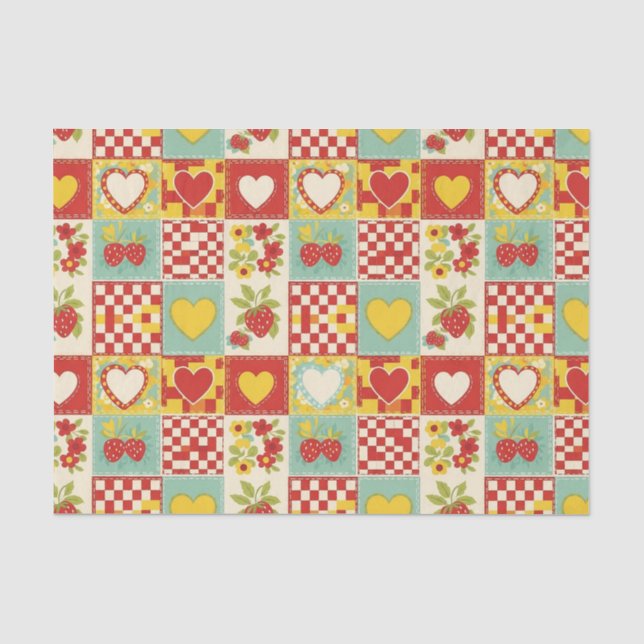Papel De Seda Padrão Floral de Patchwork de Morango Retro (Frente )