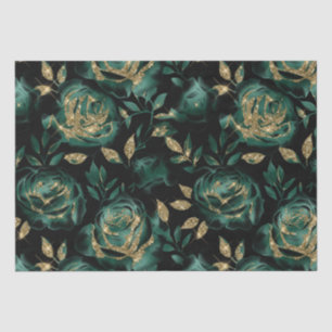 Papel De Seda Padrão Floral de Rosa Verde e Dourado Elegante