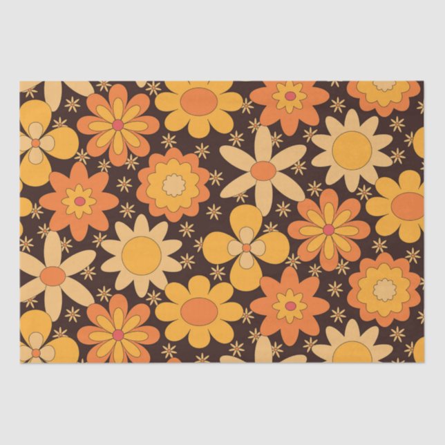Papel De Seda Padrão Floral do Groovy Retro Amarelo e Laranja (Frente )
