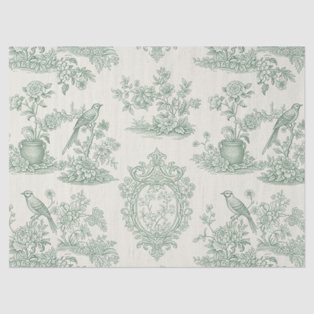 Papel De Seda Padrão Floral e de Pássaros em Toile Verde Menta (Frente )
