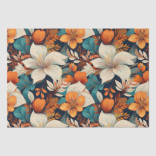Papel De Seda Padrão Floral Elegante Turquesa Laranja