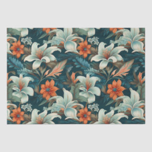 Papel De Seda Padrão Floral Elegante Turquesa Laranja Flor