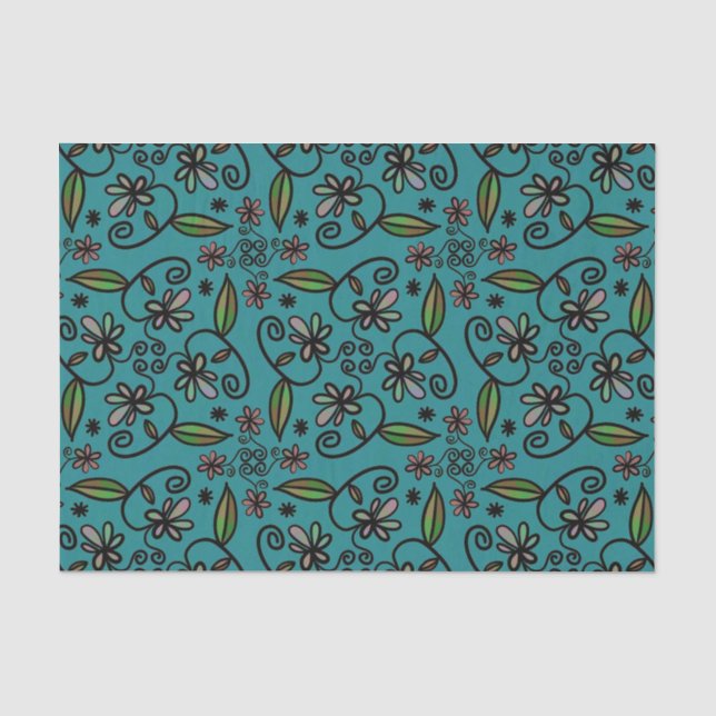 Papel De Seda Padrão Floral Fofo Azul Turquesa (Frente )
