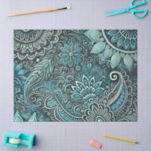 Papel De Seda Padrão Floral Paisley Azul Turquesa Decoupage
