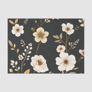 Papel De Seda Padrão Floral Preto Dourado Creme