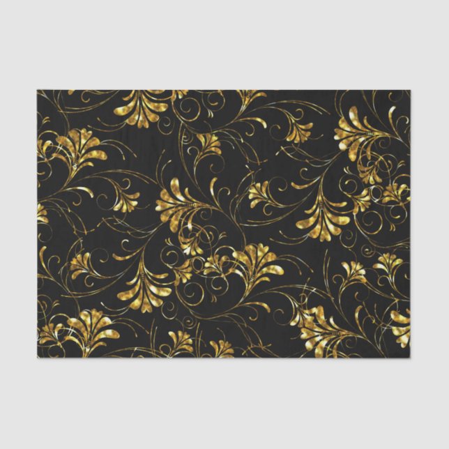 Papel De Seda Padrão Floral Preto e Dourado (Frente )