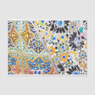 Papel De Seda Padrão Floral Preto Laranja Azul-Mosaico do Marroc