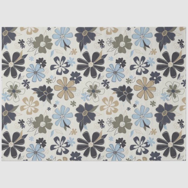Papel De Seda Padrão Floral Retroativo Azul Tan (Frente )