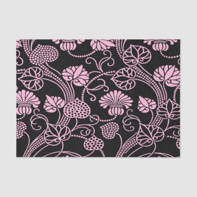Papel De Seda Padrão Floral Retroativo Rosa em Preto (Frente )