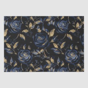 Papel De Seda Padrão Floral Rosa Azul Naval e Dourado Elegante