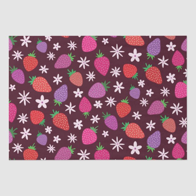 Papel De Seda Padrão Floral Rosa Vermelho Roxo Morango  (Frente )