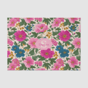 Papel De Seda Padrão Floral Rustic Vintage Blue e Pink
