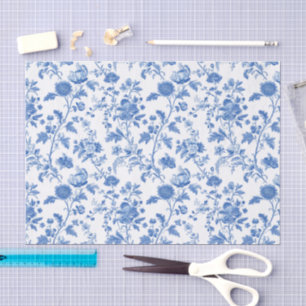 Papel De Seda Padrão Floral Toile Vintage Azul Branco