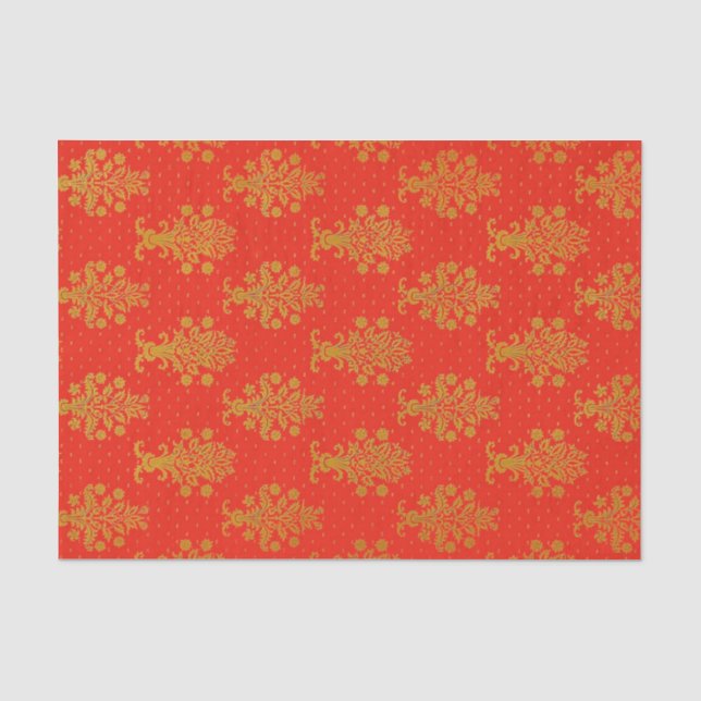 Papel De Seda Padrão Floral Vermelho E Dourado (Frente )