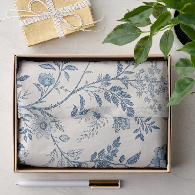 Papel De Seda Padrão Floral Vintage Azul (Presente)