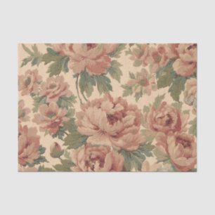Papel De Seda Padrão Floral Vintage Rosas Bege e Folhagens