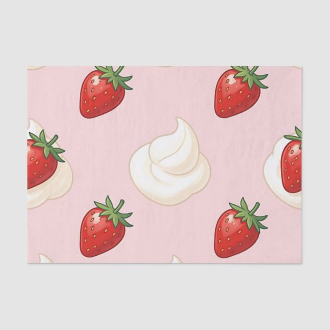 Papel De Seda Padrão Fofo de Morango com Creme Chantilly (Frente )