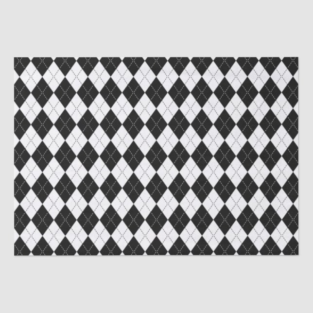 Papel De Seda Padrão Geométrico Argyle Preto e Branco (Frente )