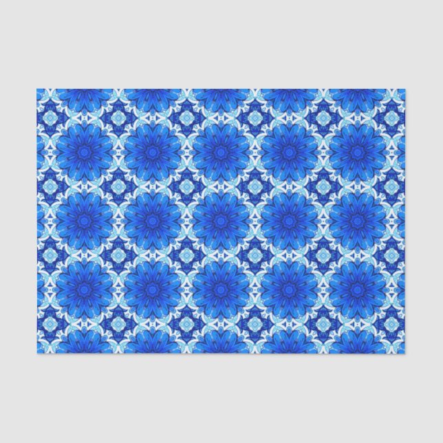 Papel De Seda Padrão Geométrico da Flor no Azul Cobalto e no Mar (Frente )