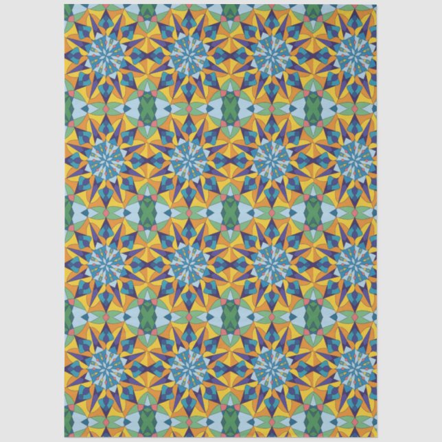 Papel De Seda Padrão geométrico fractal azul e amarelo (Frente )