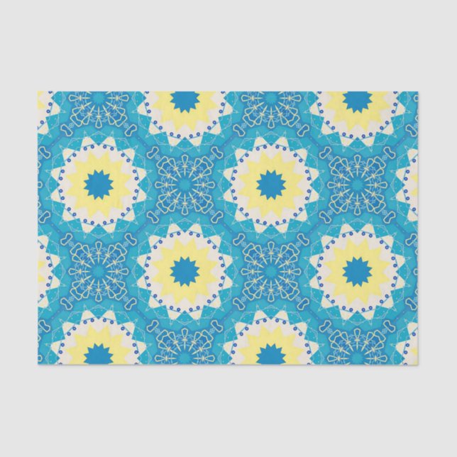 Papel De Seda Padrão Geométrico Ornamental Azul Trendy & Amarelo (Frente )