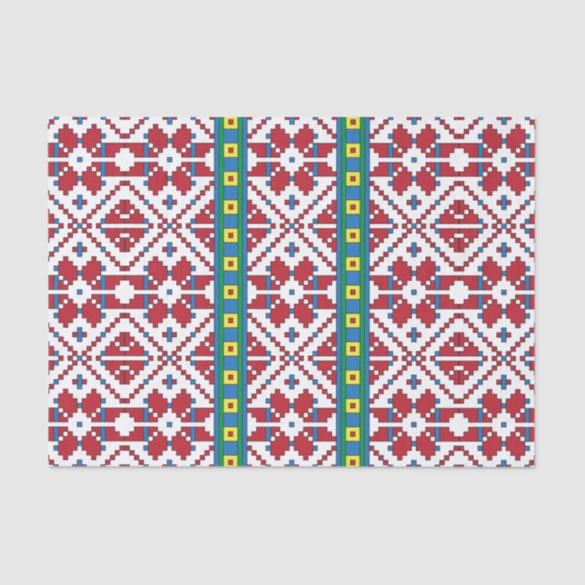 Papel De Seda Padrão geométrico tribal vermelho, azul e estrela  (Frente )