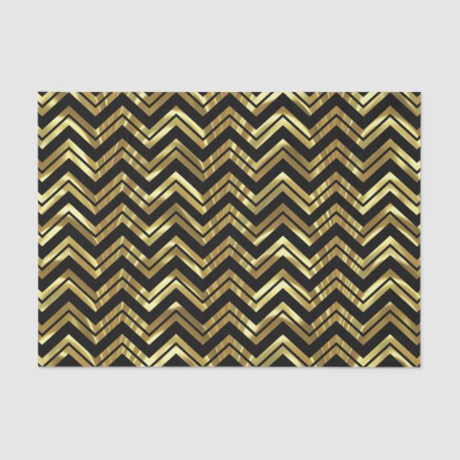 Papel De Seda Padrão Geométrico Zigzag Chevron Dourado Preto e F (Frente )