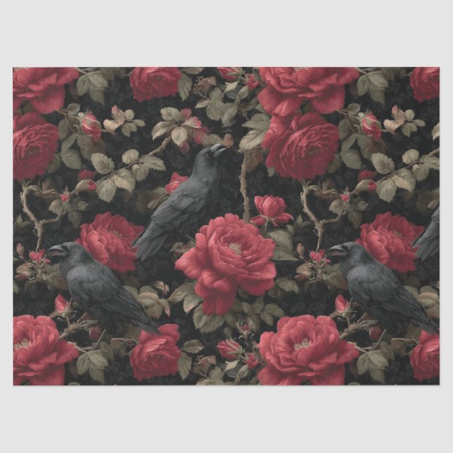 Papel De Seda Padrão Gótico com Rosas vermelhas e Corvos (Frente )