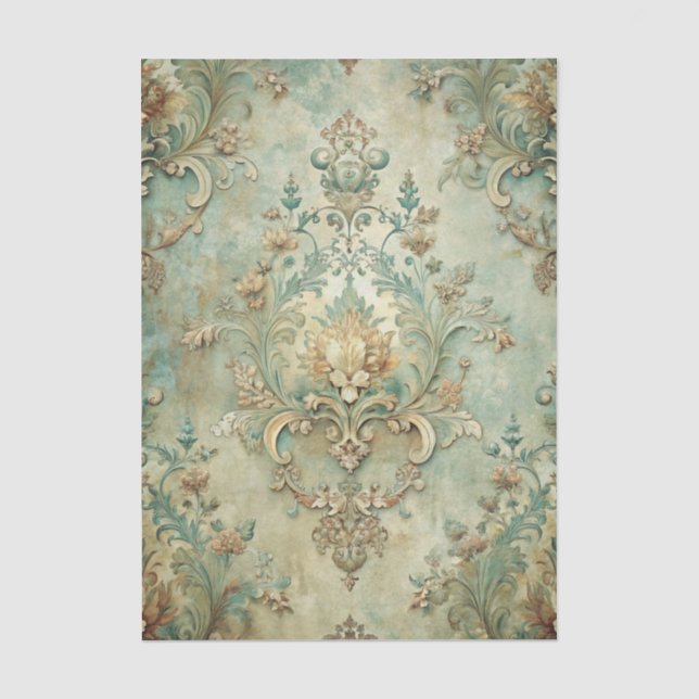 Papel De Seda Padrão Grungy Damask em Tons de Teal e Bege (Frente )