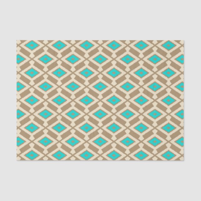 Papel De Seda Padrão Ikat - Turquesa, Taupe e Beige (Frente )