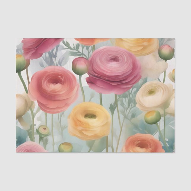 Papel De Seda Padrão Inverso Ranunculus Botânico de Aquarela (Frente )