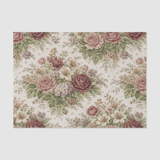 Papel De Seda Padrão Jardim de Rosa Bege Antiga (Frente )
