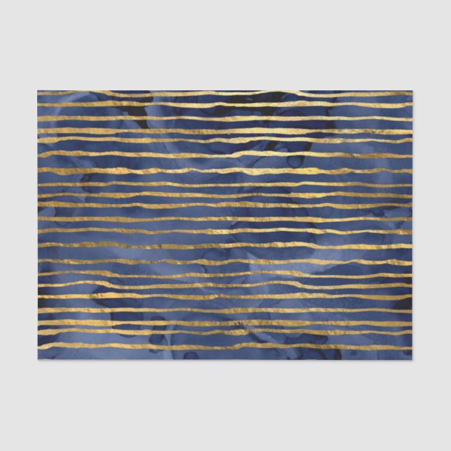 Papel De Seda Padrão Listrado Azul Marinho e Dourado (Frente )