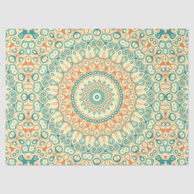 Papel De Seda Padrão Mandala Tropical em Azul Turquesa e Laranja (Frente )