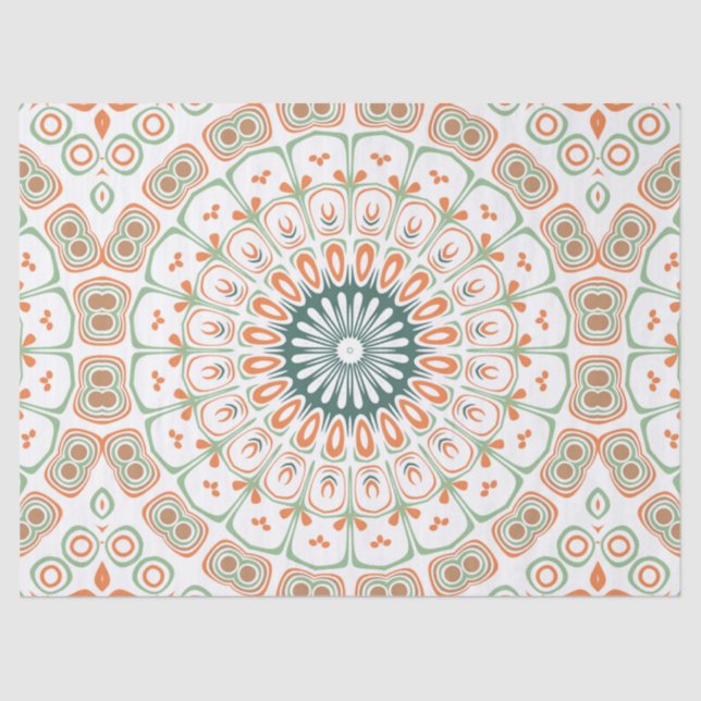 Papel De Seda Padrão Moderno de Mandala Laranja e Verde (Frente )