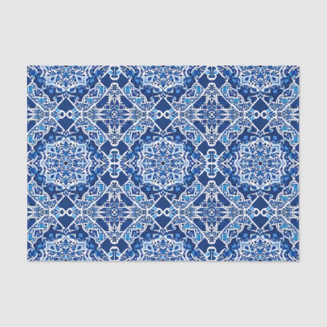 Papel De Seda Padrão mosaico em Indigo e Cobalto Azul (Frente )